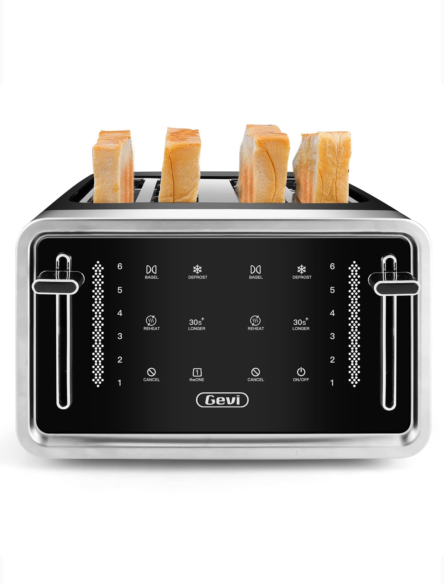 GeviToaster 4 Slice, Led Display Touchscreen Bagel Toaster With Dual Control Panels Of Bagel/Reheat/Defrost/Cancel/Longer Function, 6 Shade Setting Black 10.5 x 11.1 x 7.4 inches