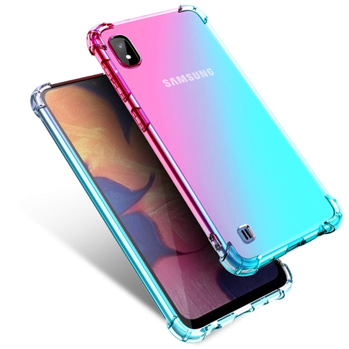 Adamarker Designed for Samsung Galaxy A10 Case Gradient Rainbow Crystal Clear Soft TPU Silicone Case (Pink&Green)
