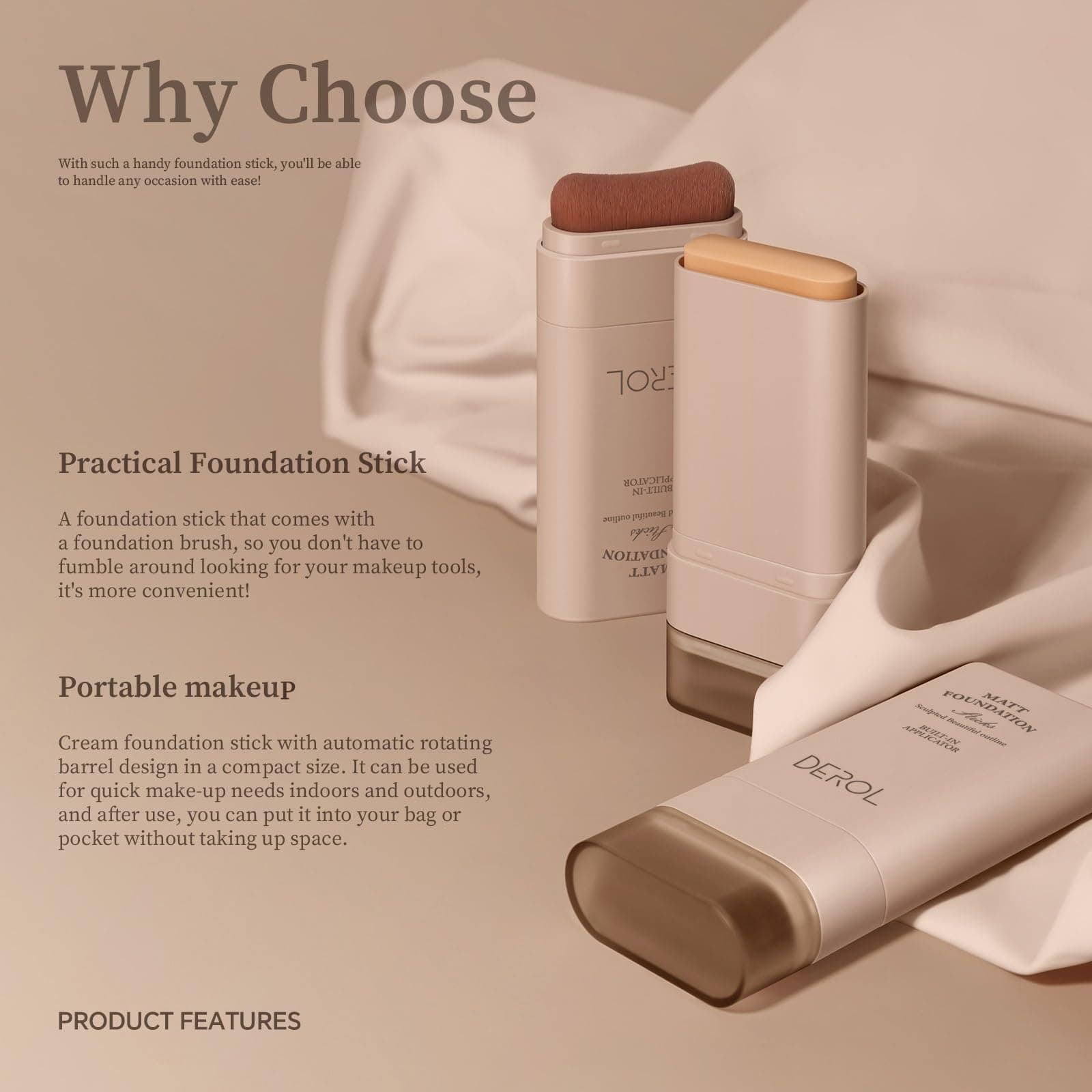 Foundation Stick With Built-In Brush - Lightweight, Buildable Medium-to-Full Coverage, Longwear Contour Face Makeup, Natural Finish