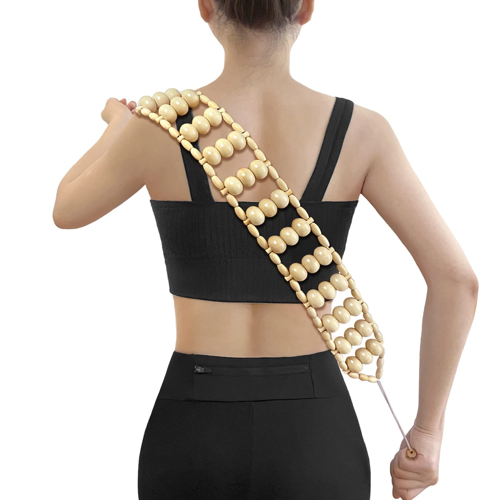 Wood Back Massager Roller Rope, Manual Massage Strap for Back, Neck, Shoulders,