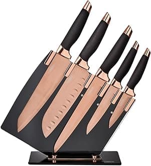 Kitchen Knife Set with Acrylic Knife Block, Damascus Effect, Stainless Steel Blades, Rose Gold and Black, 5 Pieces