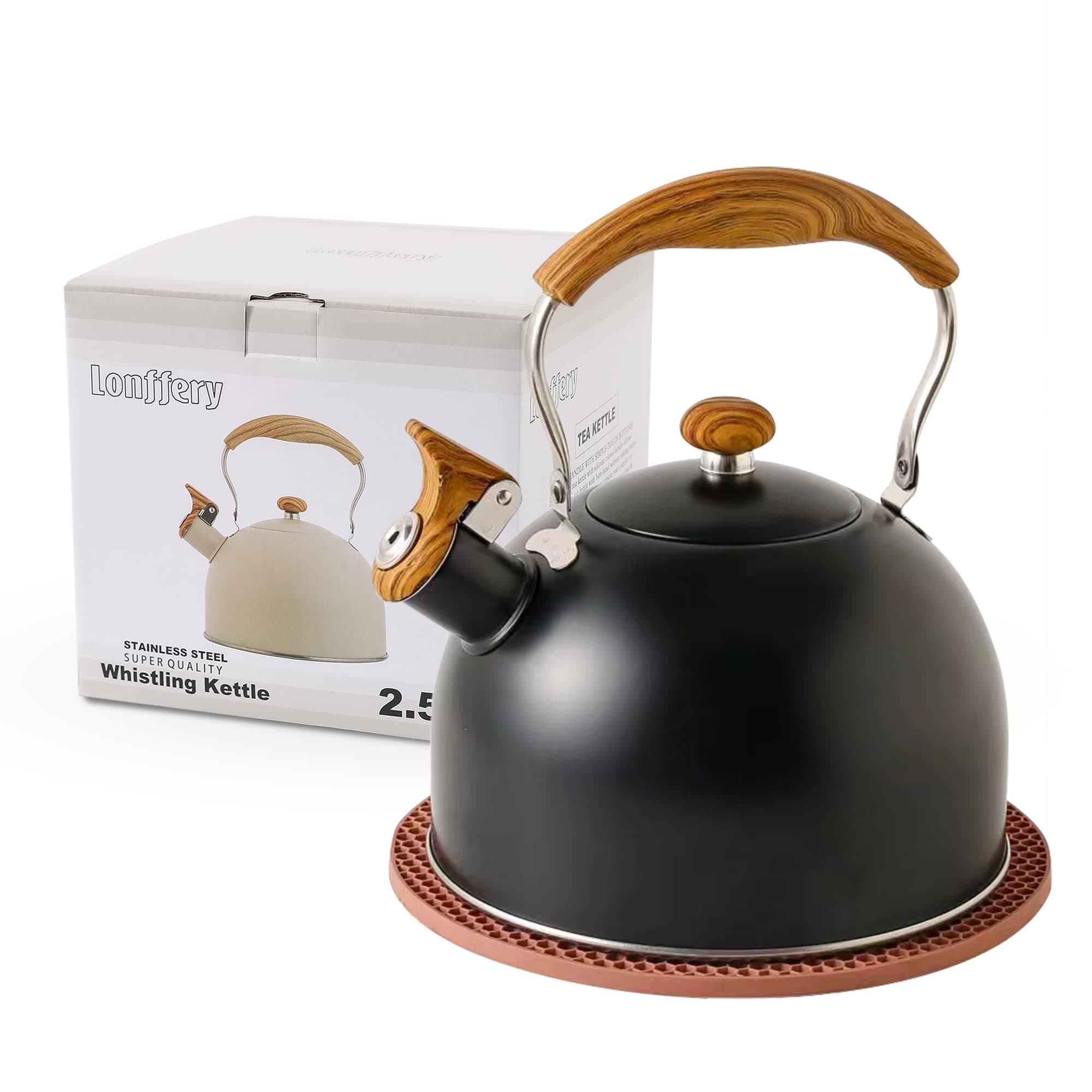 LONFFERY Tea Kettle, 2.5 Quart Whistling Tea Kettle, Tea Pots for Stove Top Food Grade Stainless Steel with Wood Pattern Folding Handle - Black