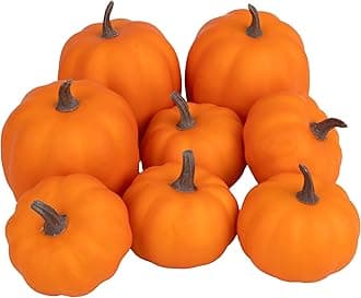 Orange Artificial Pumpkins, Harvest Decor Foam Pumpkin 8 PCS Set for Halloween Thanksgiving Fall Decorations, Realistic Faux Pumpkins for Festive Home Decor