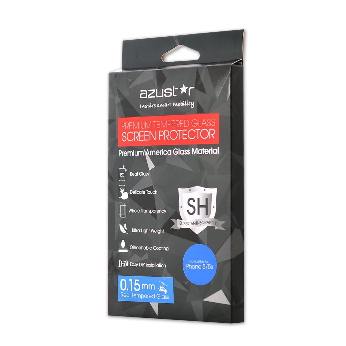 AZUSTAR 0.15mm American Premium Tempered Glass Screen Protector for Iphone 5/ 5s with Paper Thin, Ultra Light Weight and Super Hardness Protection for your phone display. HD Transparency Clarity and treated with Oleophobic Coating for delicate touch sensitivity & accuracy. The World Thinest Tempered Glass Protector in the market for your Iphone