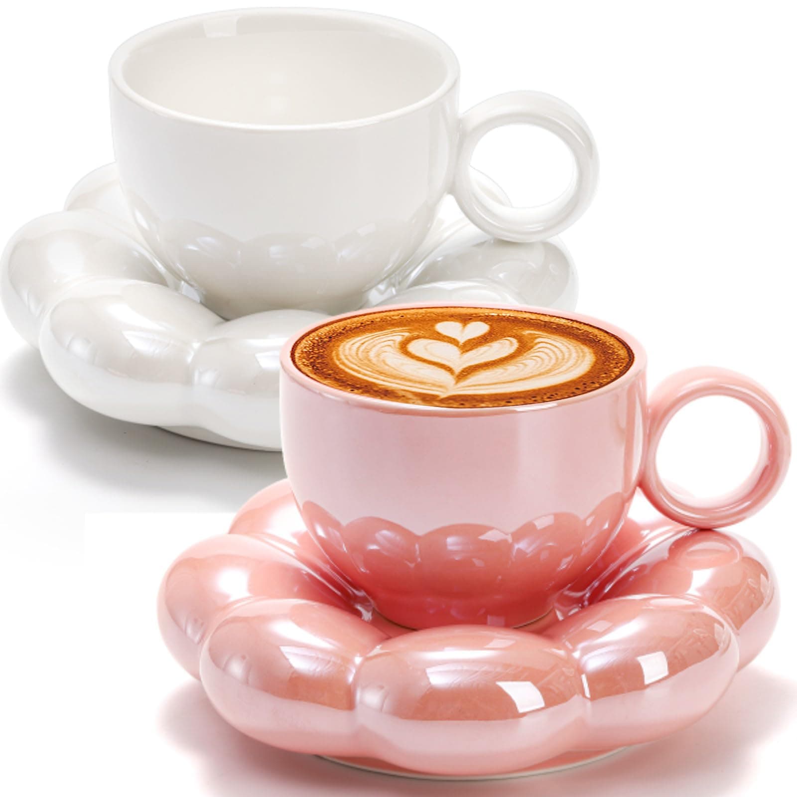 Goaste 2 Pack Ceramic Coffee Mug with Saucer Set, Cute Cloud Mug with Sunflower Coaster, 8oz Creative Latte Tea Cup for Office, Home, Coffee, Tea, Latte, Milk, Pink, Pearl White