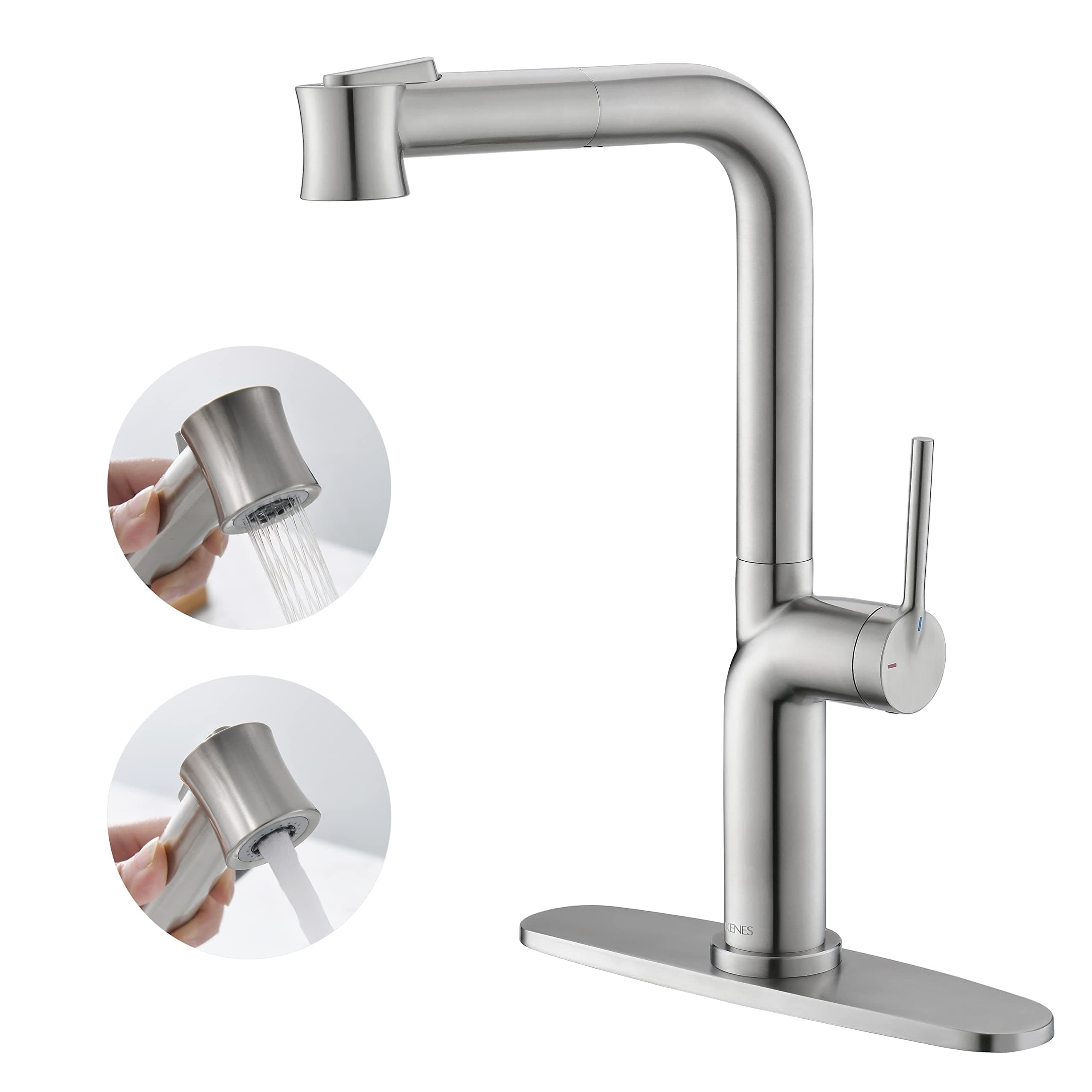 KENES Brushed Nickel Kitchen Faucet with Pull Down Sprayer, Single Handle Stainless Steel Faucets for Kitchen Sink, Single Hole Deck Mount, KE-8060