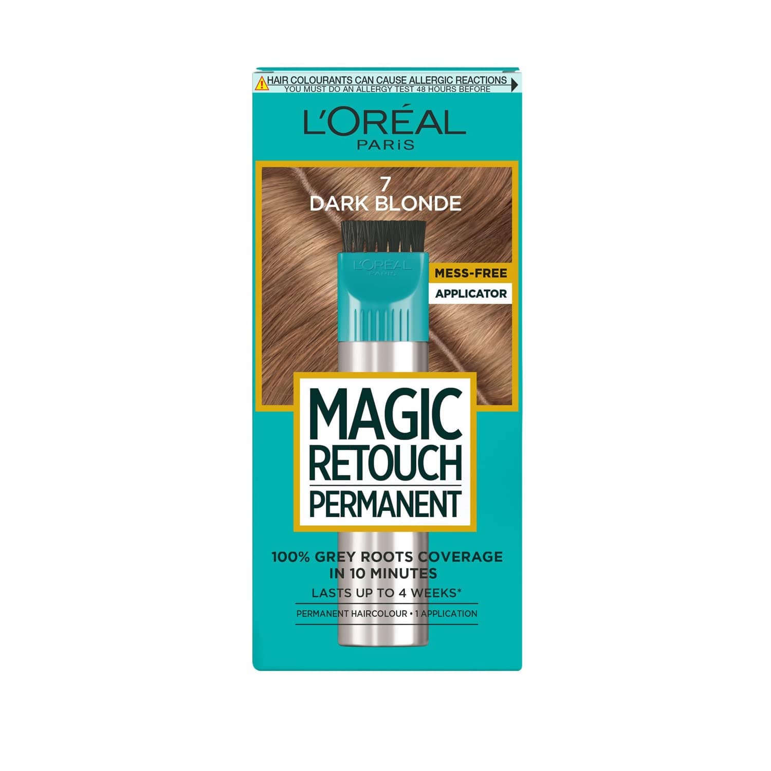 L'Oréal Paris Magic Retouch Permanent Root Concealer, Dark Blonde 7. Offers flawless coverage for grey regrowth. This 75ml solution ensures targeted, quick, and easy application for lasting results.