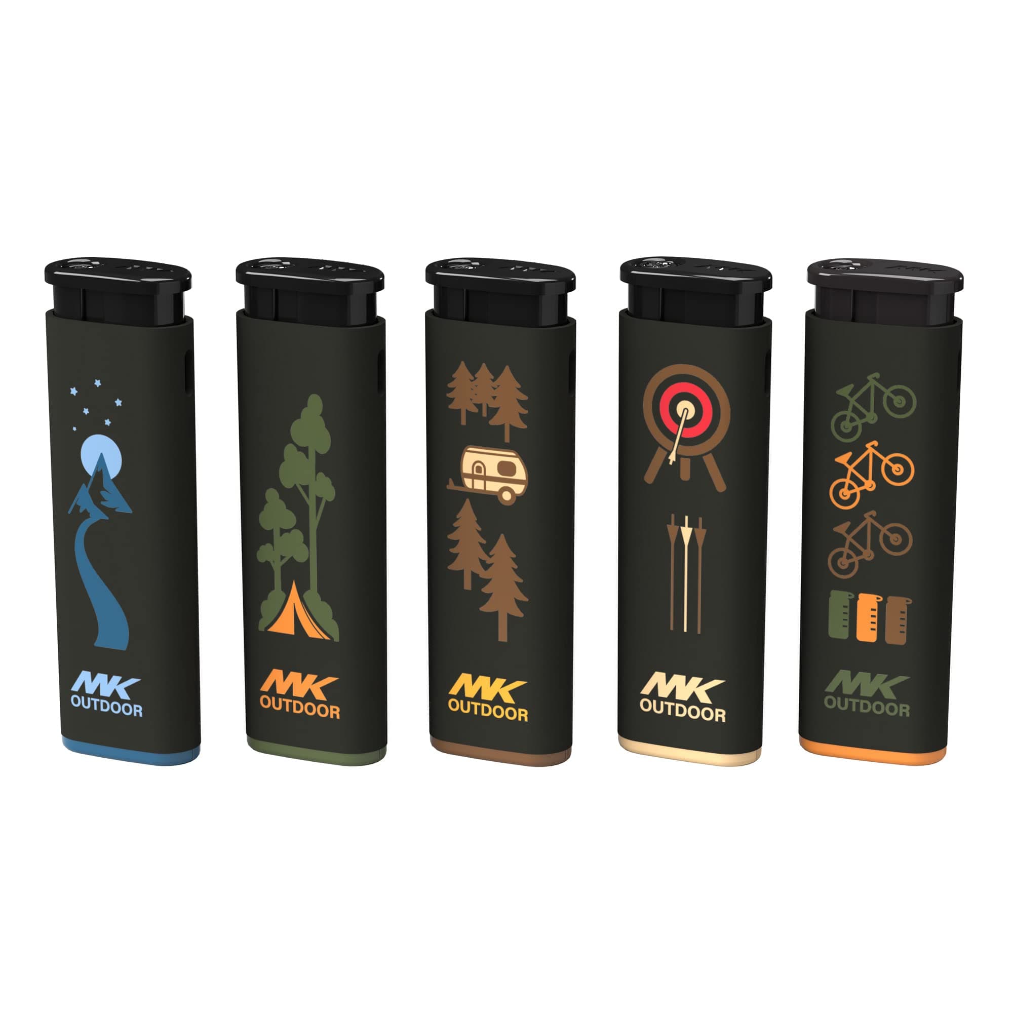 MK Lighter Outdoor Series Alpine Set 5-Pack Assorted Design Multipurpose Refillable, Windproof Flame, Slip Guard Candle & BBQ, Prepping & Camping Supplies, Survival Lighters (OUTDOORSMEN)