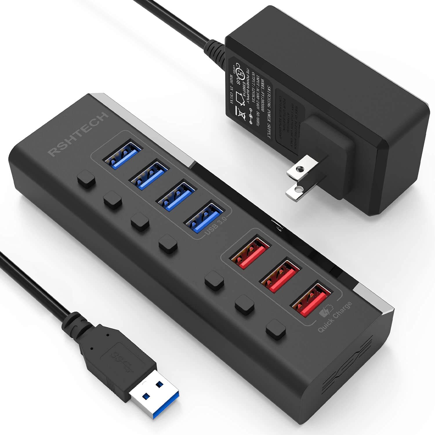 Powered USB Hub RSHTECH 7 Ports USB 3.0 Hub with 4 High Speed Data Transfer Ports + 3 Fast Charging Ports,36W 12V/3A Power Adapter and Individual On/Off Switches(A37-Black)