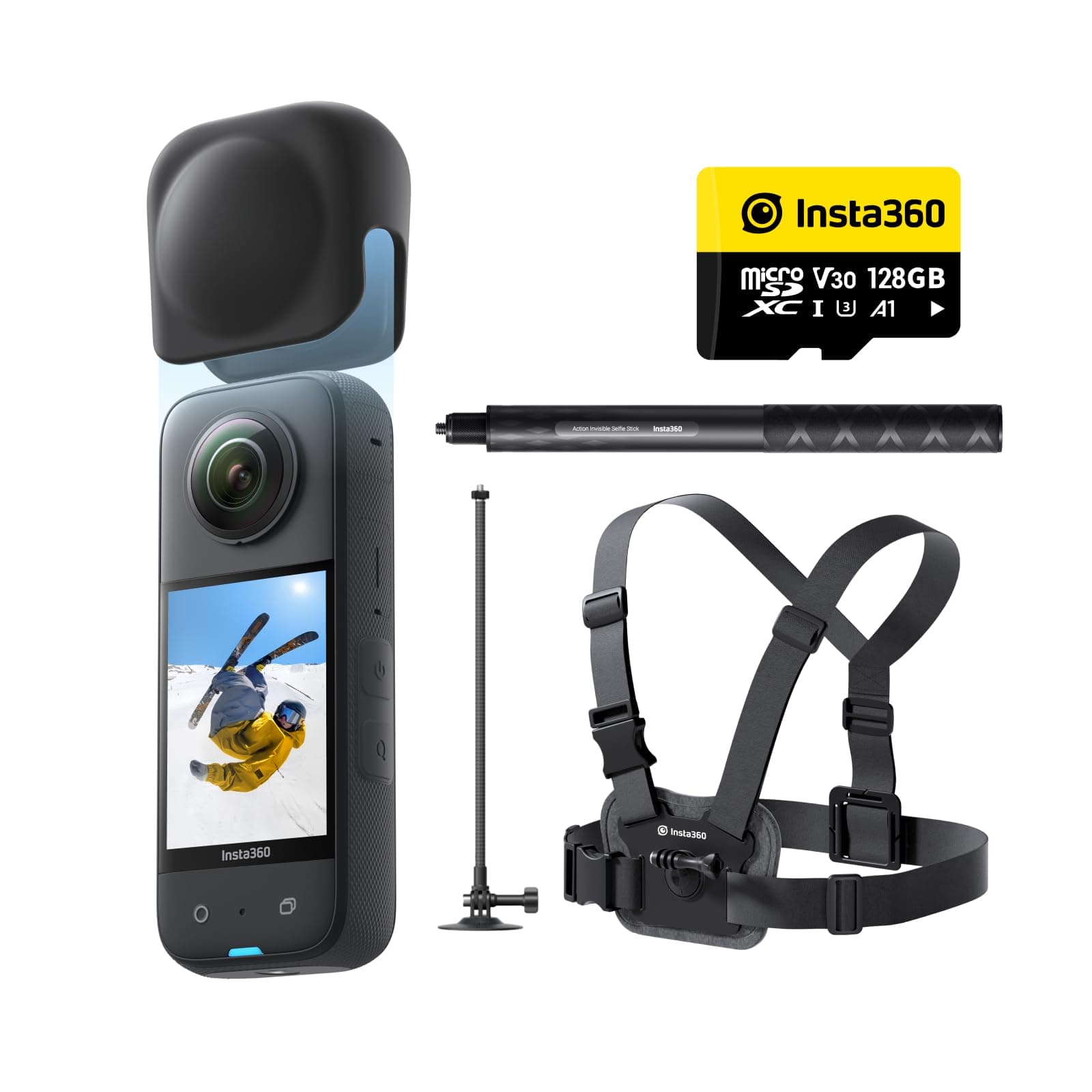 Insta360 X3 Snow Bundle - Waterproof 360° Action Camera with 1/2 Inch Sensor, 5.7K 360°, 72MP 360° Photos, Stabilization, 2.29 Inch Touch Screen, Vibration Feedback, AI Editing, Live Streaming
