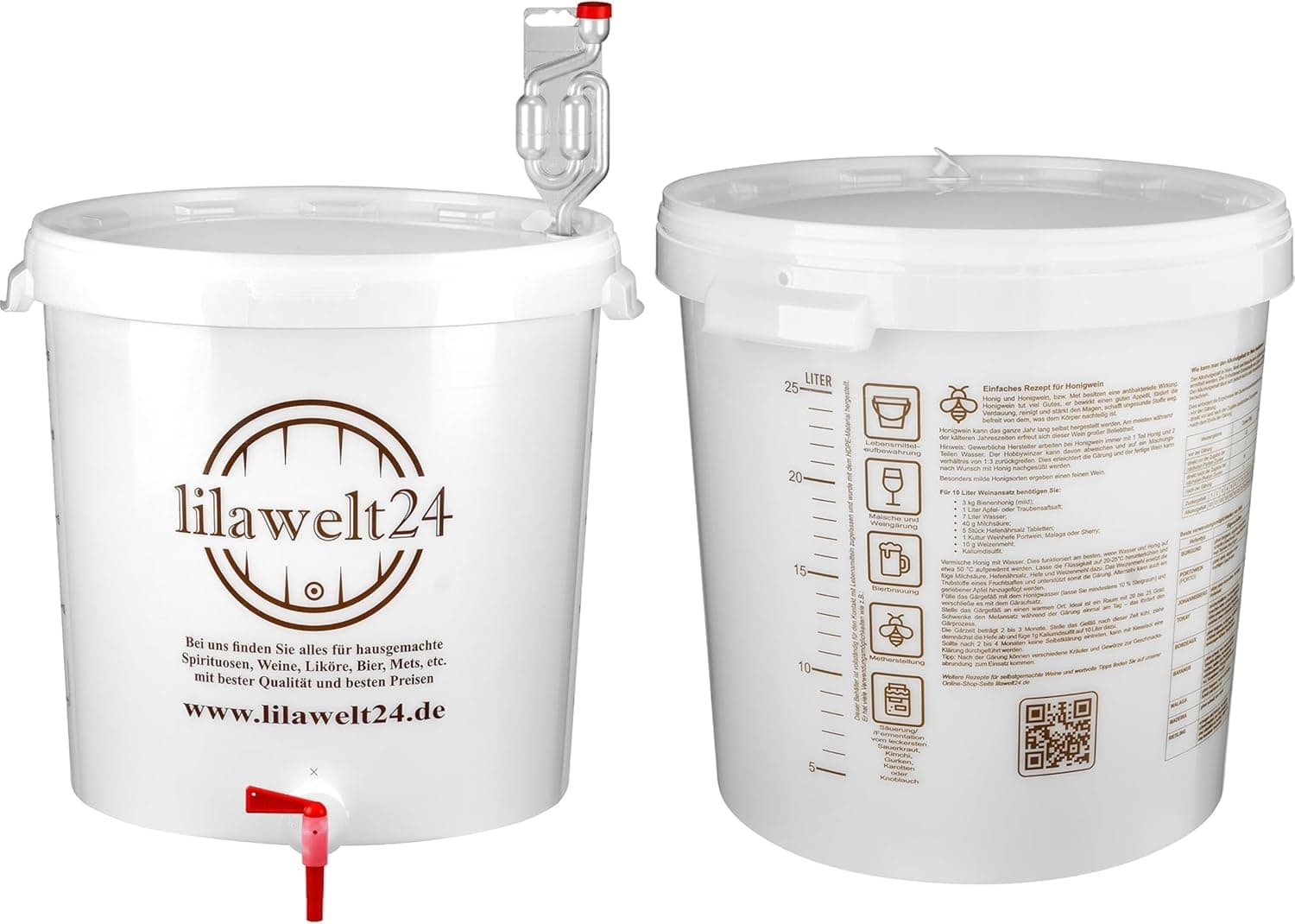 Fermentation bucket, 30 L, for beer or wine, with drain cock and fermentation tube