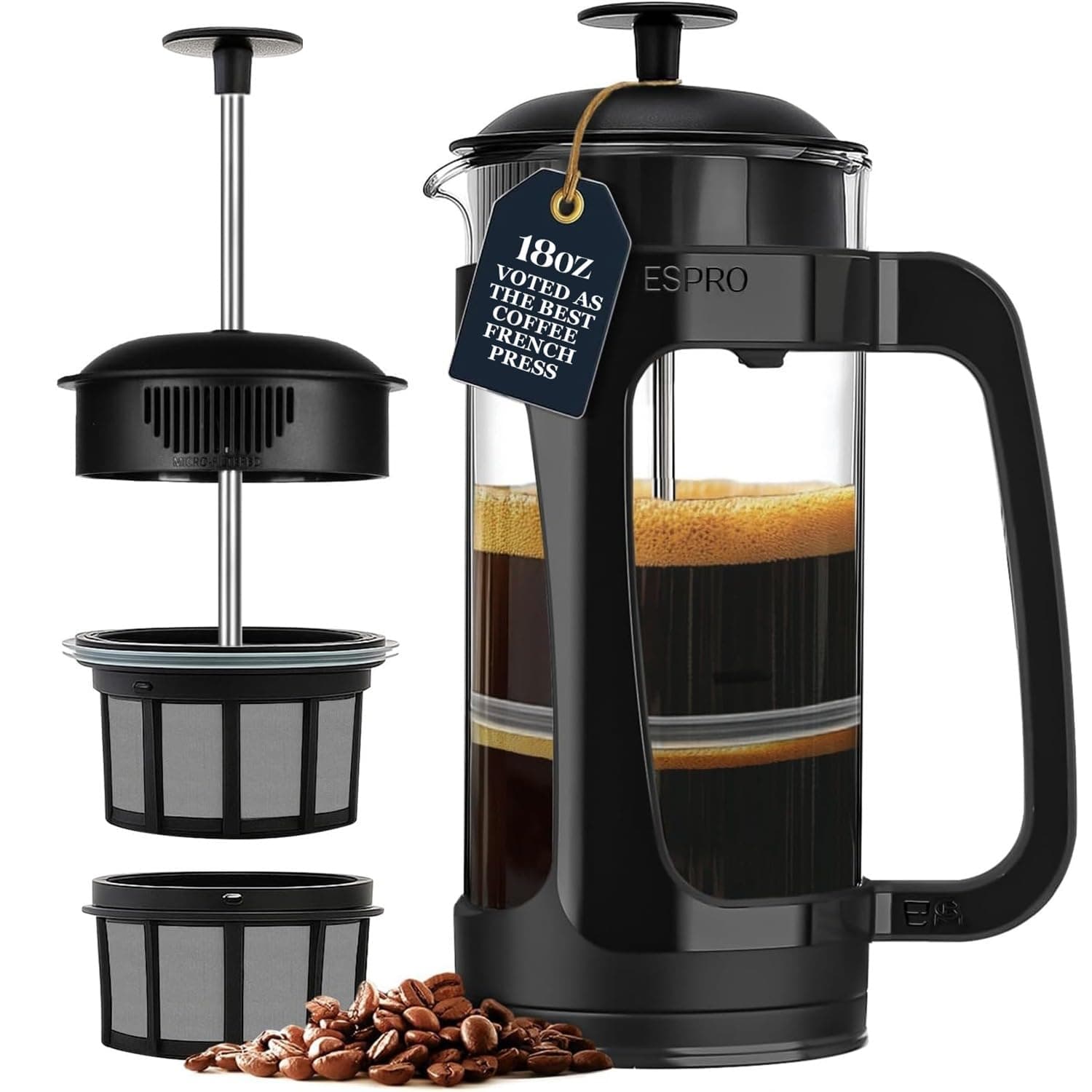 ESPRO P3 French Press Coffee Maker – Patented Double Micro-Filter for Grit-Free Brew, Heat Resistant thicker Borosilicate Glass Coffee press – (Black 18 oz)