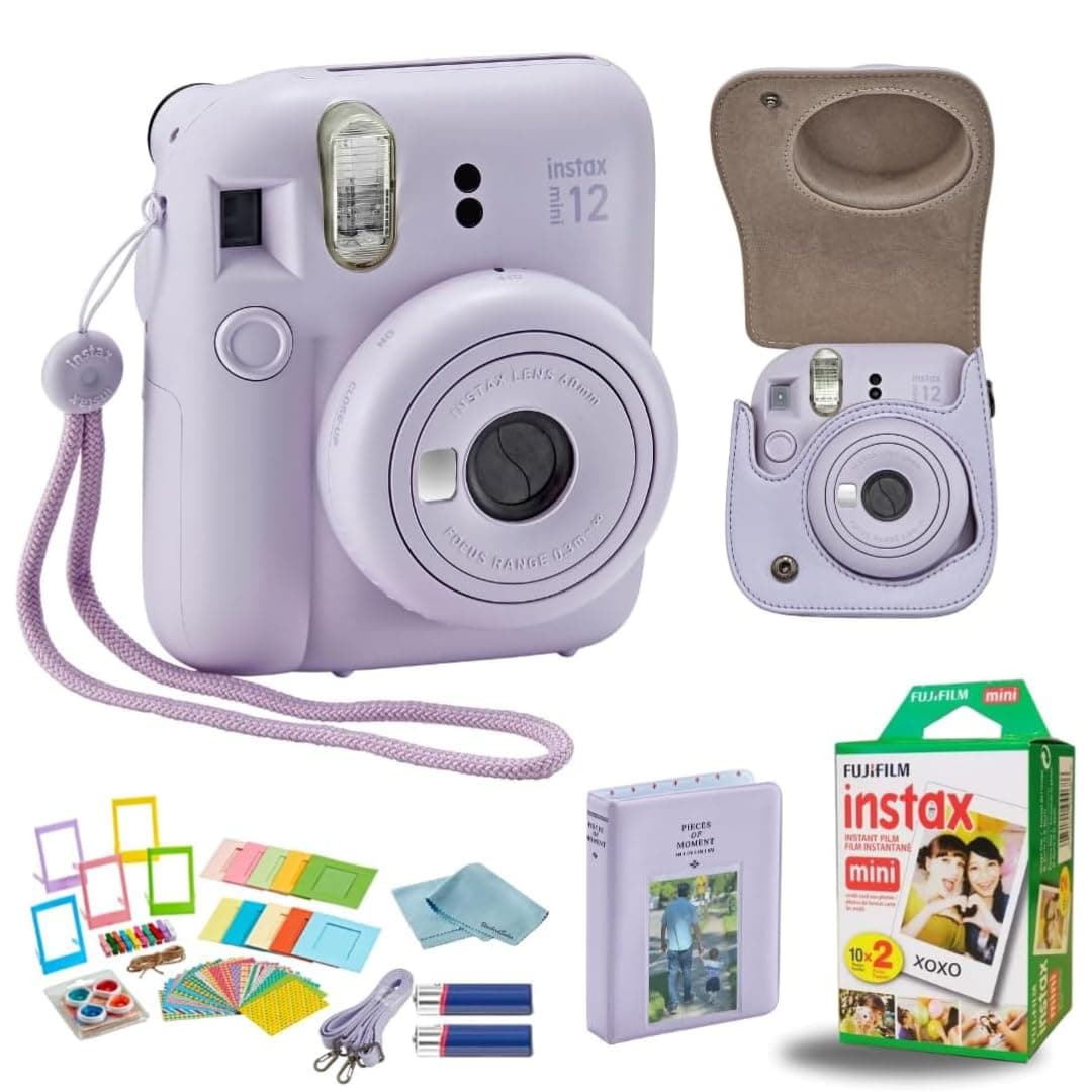 Fujifilm Instant Mini 12 Instant Camera + BluebirdSales Accessory Bundle & Custom Case + Fuji (20 Shots) Film + 5 Color Lens Filters + Mini Frames Designer Mini Photo Album (60 Pockets) (Lilac Purple)
