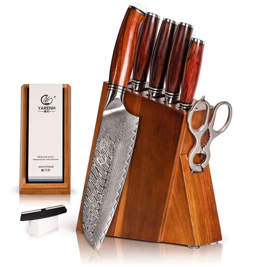 YARENH Kitchen Knife Set with Block, 8 Piece, Sharp Professional Chef Knife, 73 Layers Damascus High Carbon Stainless Steel, Full Tang Sandalwood Handle, Gift Box