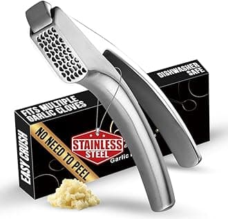 No Peeling Required Garlic Press Stainless Steel with Detachable Handle for Coarse Mincing - Premium Garlic Mincer Tool, Rust-Proof, Easy to Clean, Dishwasher Safe Garlic Crusher, Lifetime Replacement