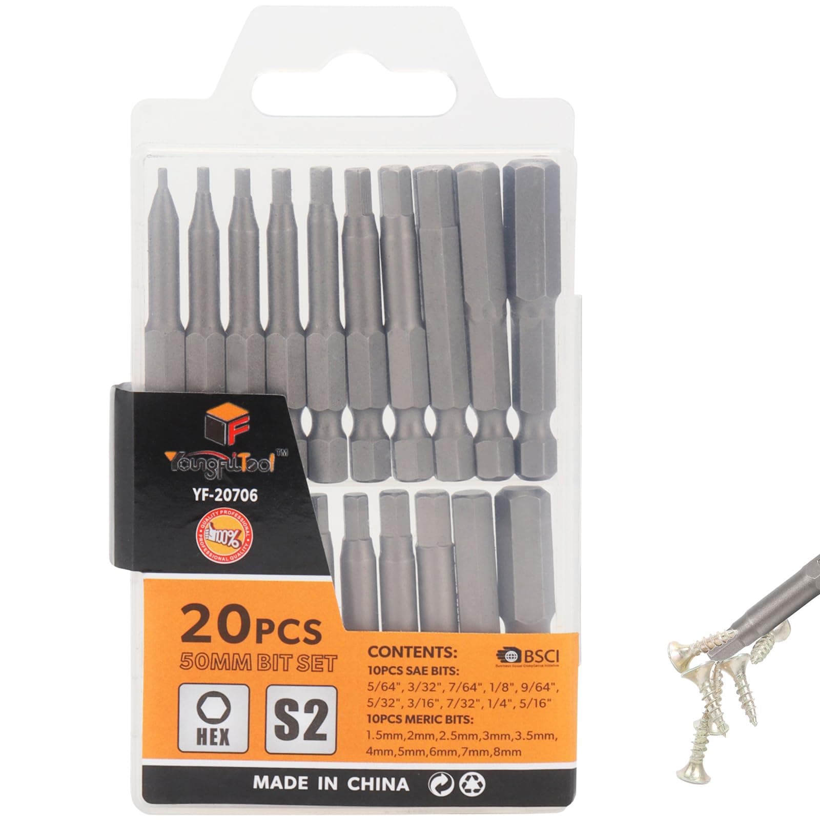 20Pcs SAE/Metric 50mm Bits Set with Head from H5 to H40 1'' 2.3''Long Shank 1/4 Hex Tail S2 Steel Drill Bits Tamper Resistant Bits Suitable for Drills,Hand,Power or Air Tools (20 pcs)
