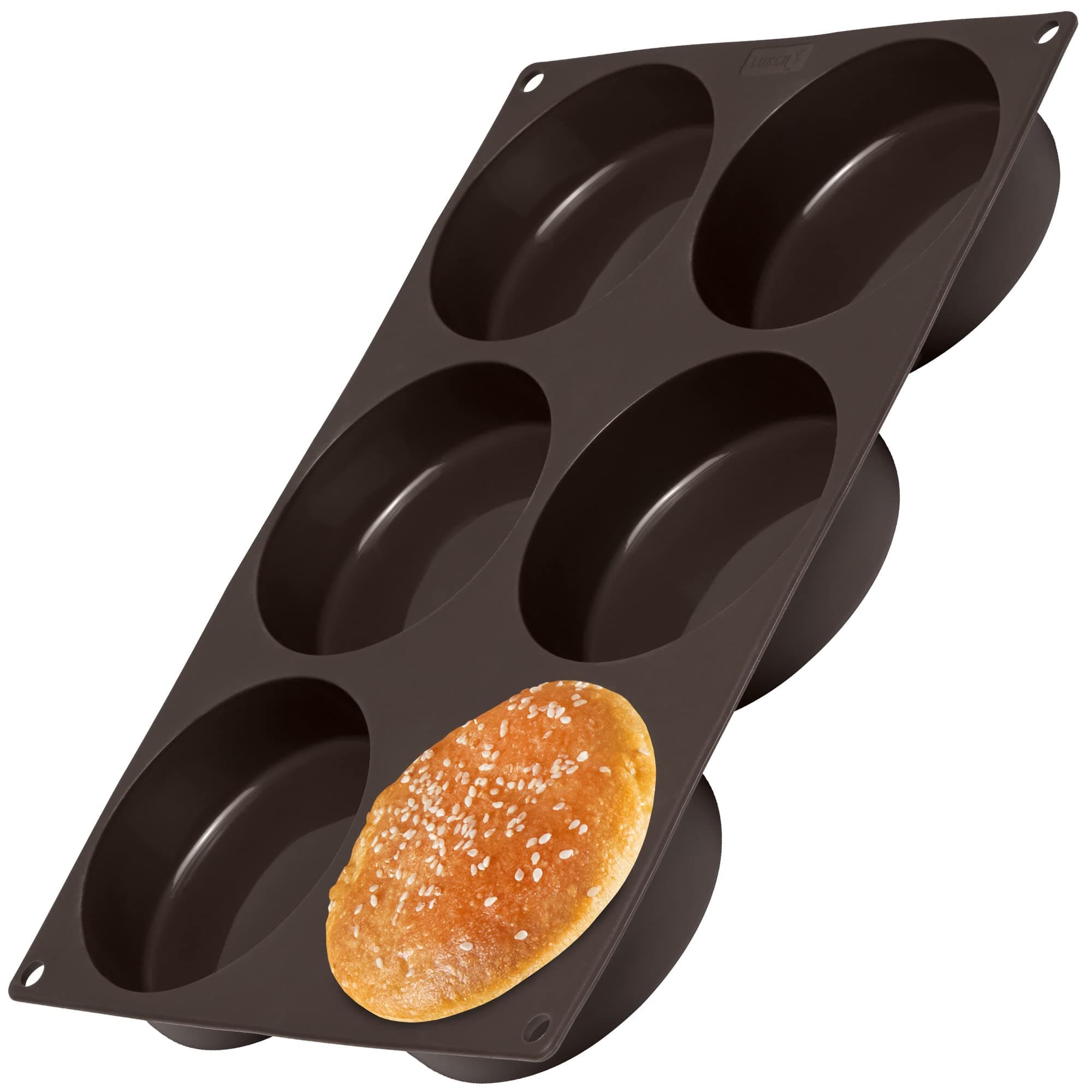 LURCH Germany Flexiform Non Stick Silicone Hamburger Bun Baking Pan | Perfect Mold For Little Cakes Or Bread | 6 Cavities For Burger Buns - Brown (Ø 3" Buns)