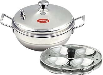 Aadhik Stainless Steel Multi Purpose Kadai with Steel Lid, Idli Maker 2 Idli Plate 8 Cavity Idli Cooker Stainless Steel Idly Pot with Steamer, Silver