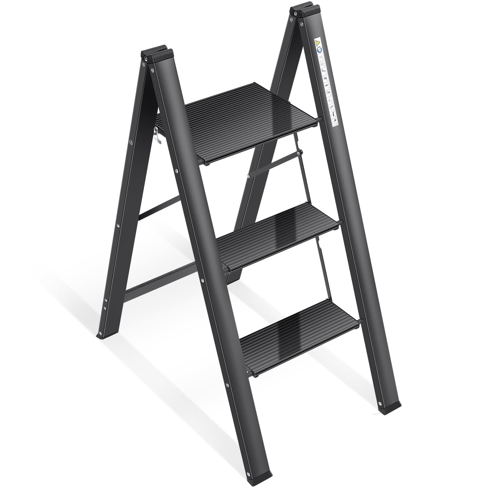 Aluminium 3 Step Ladder with Wide Steps, Lightweight Folding Ladder, Portable Slim Step Stool, Safety Household Ladder Stepladder with Multi-function, Black