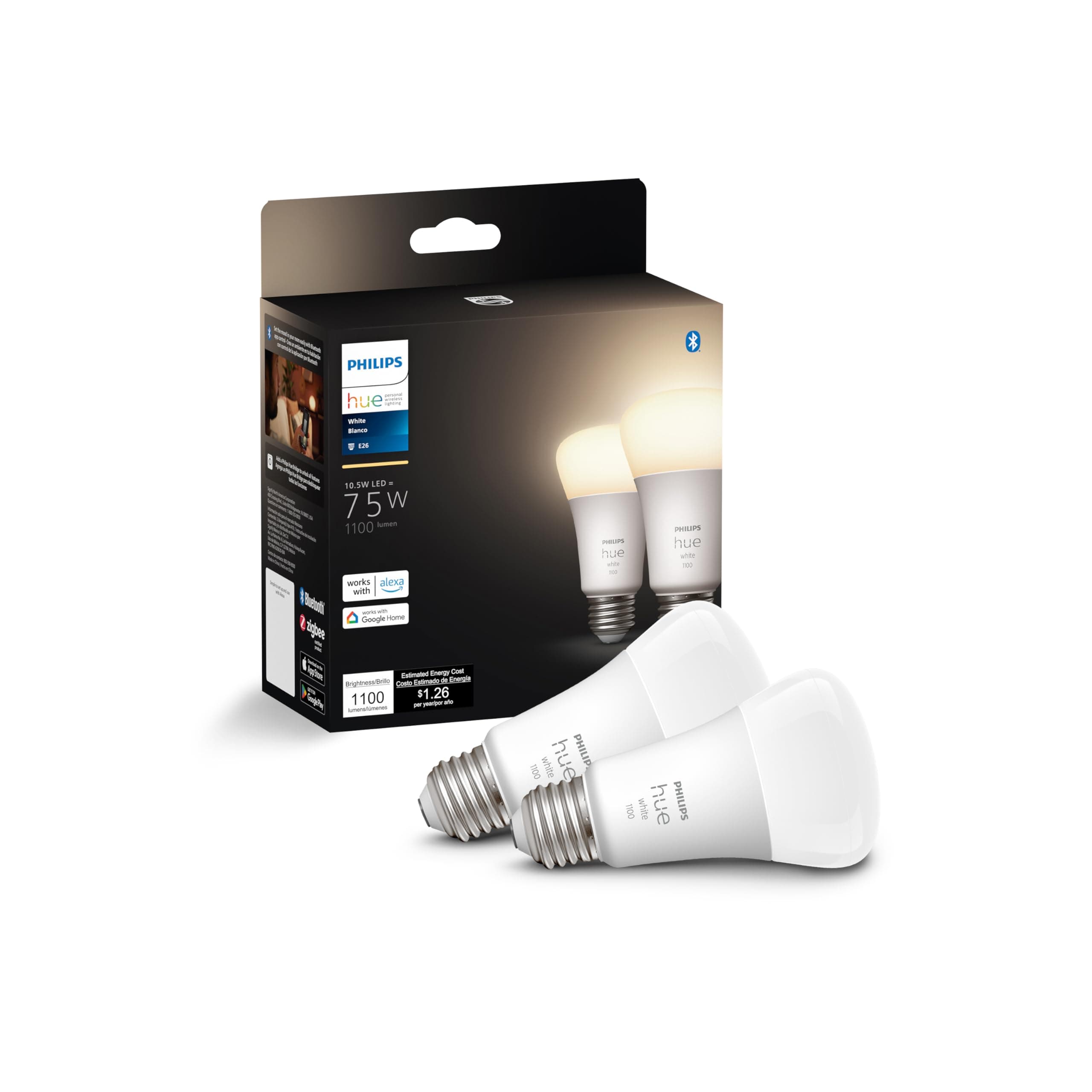 Smart 75W A19 LED Bulb - Soft Warm White Light - 2 Pack - 1100LM - E26 - Indoor - Control with Hue App - Works with Alexa, Google Assistant and Apple Homekit