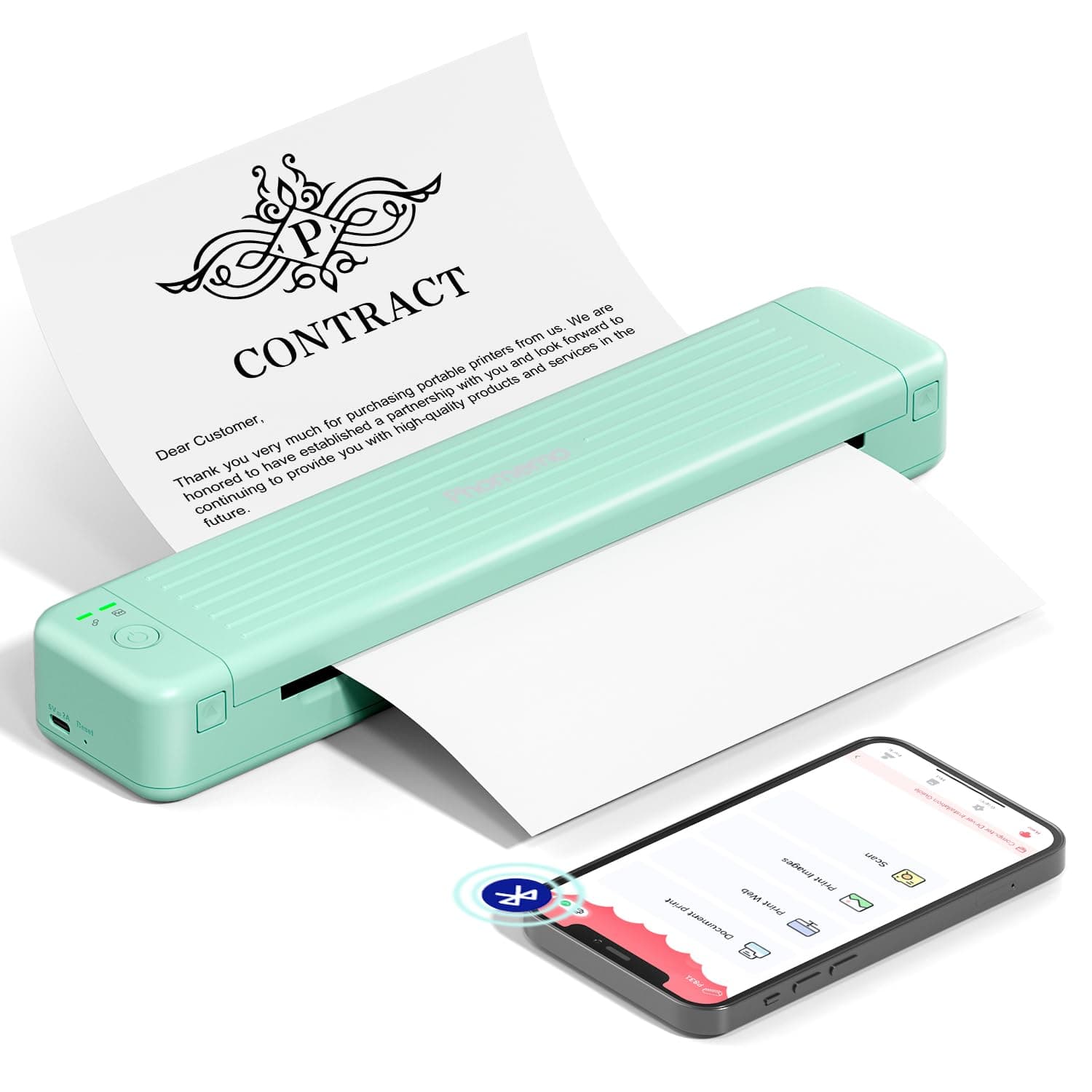 P831 Thermal Printer, 300 DPI Portable Printer Compatible with iOS and Android, Small Inkless Monochrome Printer for Office, Invoice and Car Business Trip Printing, Green