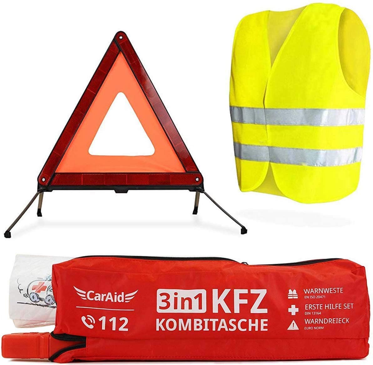 PREMIUM CarAid 3in1 First Aid Combo Kit - warning triangle, high visibility safety vest & first aid kit