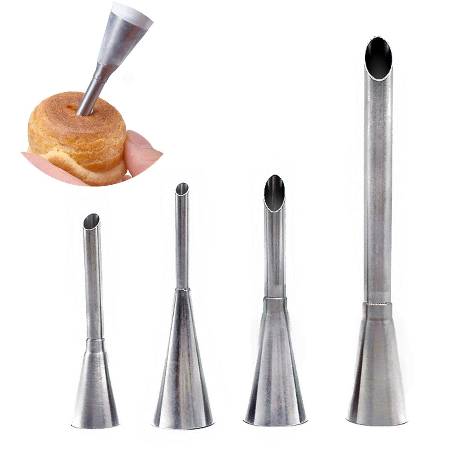 Saycker Eclair Piping Tip,4Pcs Cream Puff Icing Piping Nozzle Tips,Stainless Steel Long Puff Nozzle Tip Decorating Tools,Silver Cream Puff Decor Small Pastry Icing Piping Tool,for Baking,Cake Decor