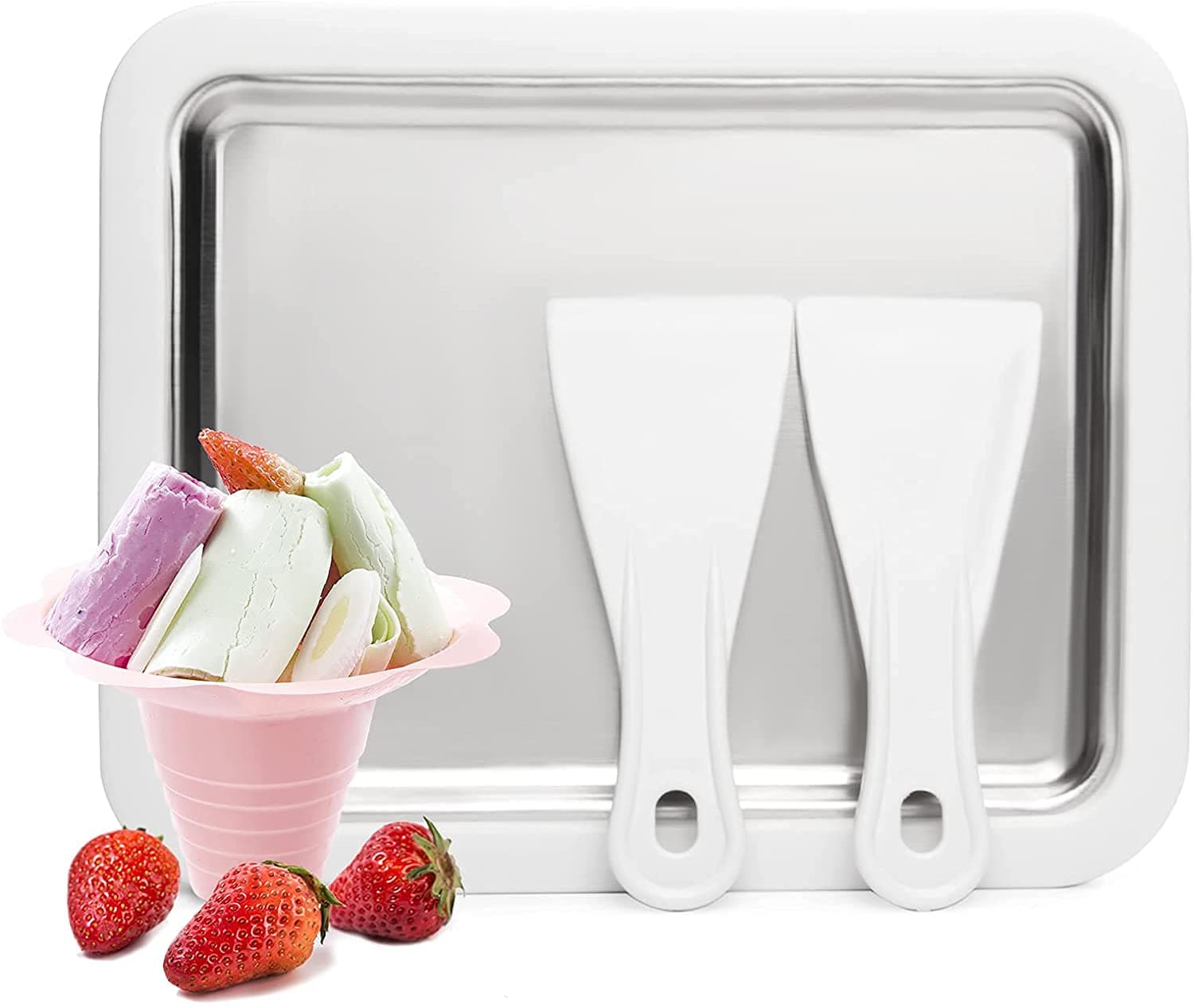 Kixre Ice Cream Maker, Instant Ice Cream Roller Pan With 2 Spatulas, DIY Ice Cream Roller Plate for Kids Family, Anti-Griddle Pan For Rolled Ice Cream, Frozen Yogurt, Sorbet, Gelato, White Plate