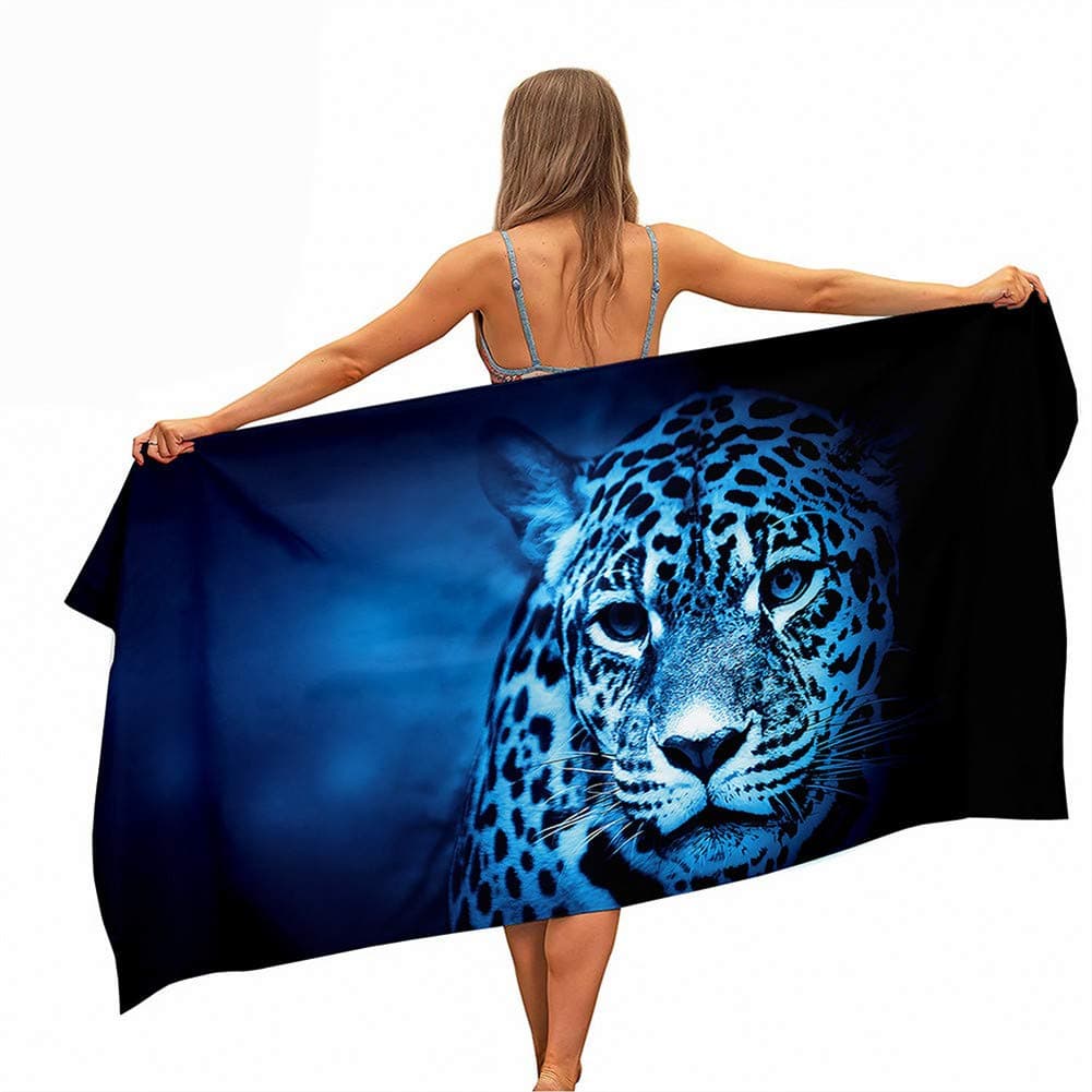 Beach Bath Towel, 3D Animal Leopard Print Microfibre Quick Dry Extra Large Lightweight Super Soft Summer Towels for Travel Vacation Pool Swim or Sports Fitness (Blue Light,70x150cm)