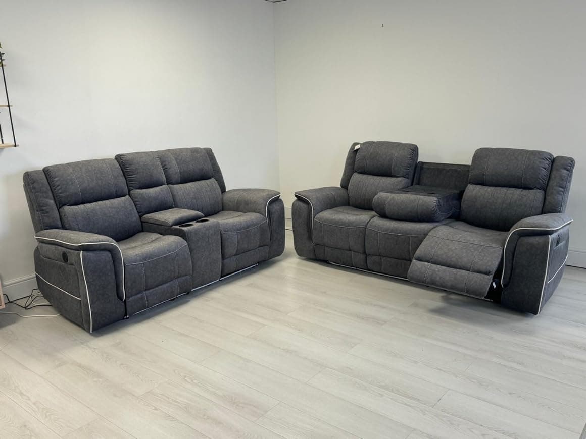 3+2 Electric Recliner Sofa Set with LED Lighting, Fabric Upholstery, Power Recline, USB Charging, Cup Holders, Grey