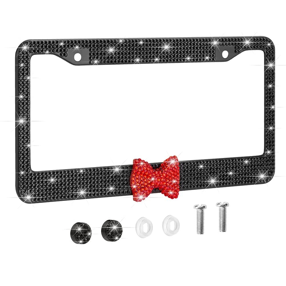 OTOSTAR 1 Pack Bling License Plate Frame with Ribbon Bow, Handcrafted Shiny Rhinestones Premium Stainless Steel 2 Holes License Plate Holder with Anti-Theft Screws Caps Set, Black/Red Bowtie