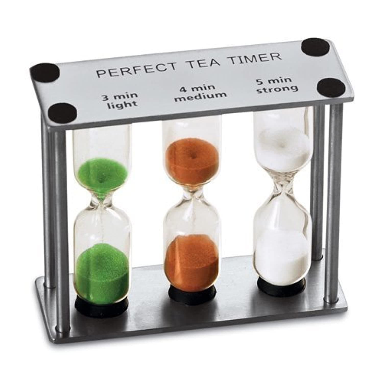 3.75" Tall 3-in-1 Perfect Tea Timer, Includes 3, 4, and 5 Minute Sand Hourglass Timers, Use for Making Tea or Keeping Time Around The Kitchen, Brushed Stainless Steel Frame