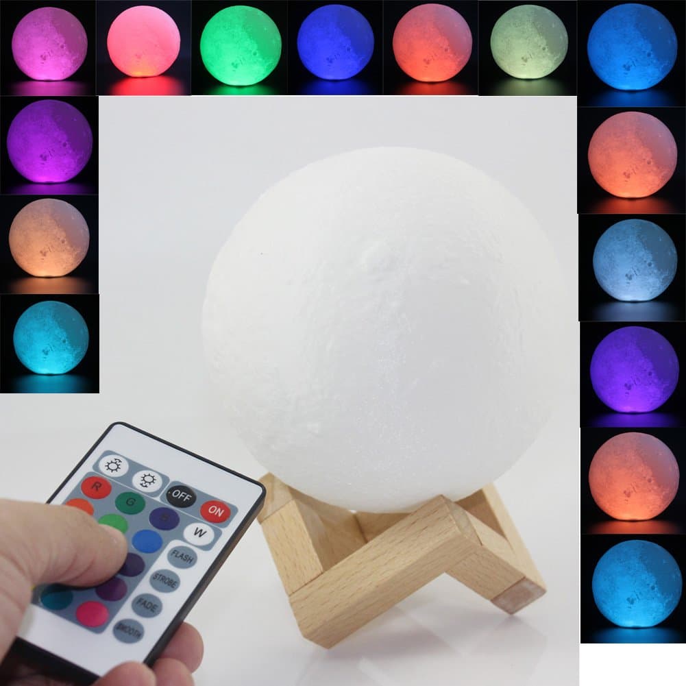 Moon Lamp 3D Printed Remote Control Night Light 16 RGB Colours Changing Dimmable LED Mood Light USB Rechargeable Moonlight 12cm/4.7 inch with Wood Stand (12cm)