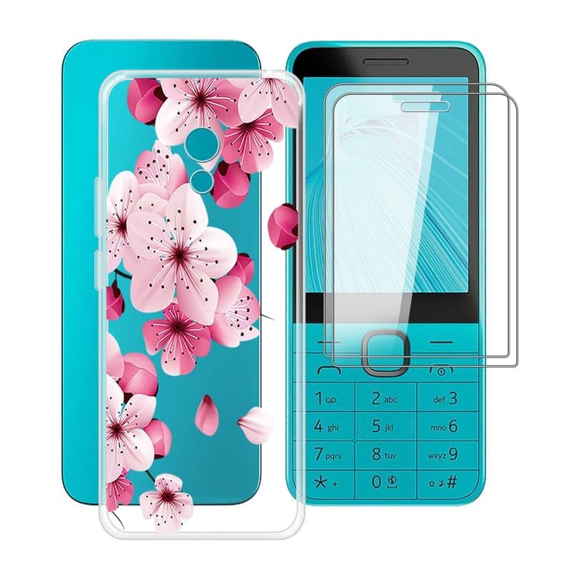 Phone Case for Nokia 235 4G 2024 (2.8") with 2 X Tempered Glass Film, Clear [Anti-Scratch X Shockproof] Soft TPU Bumper Protective Cover for Nokia 235 4G 2024 - Peach Blossom