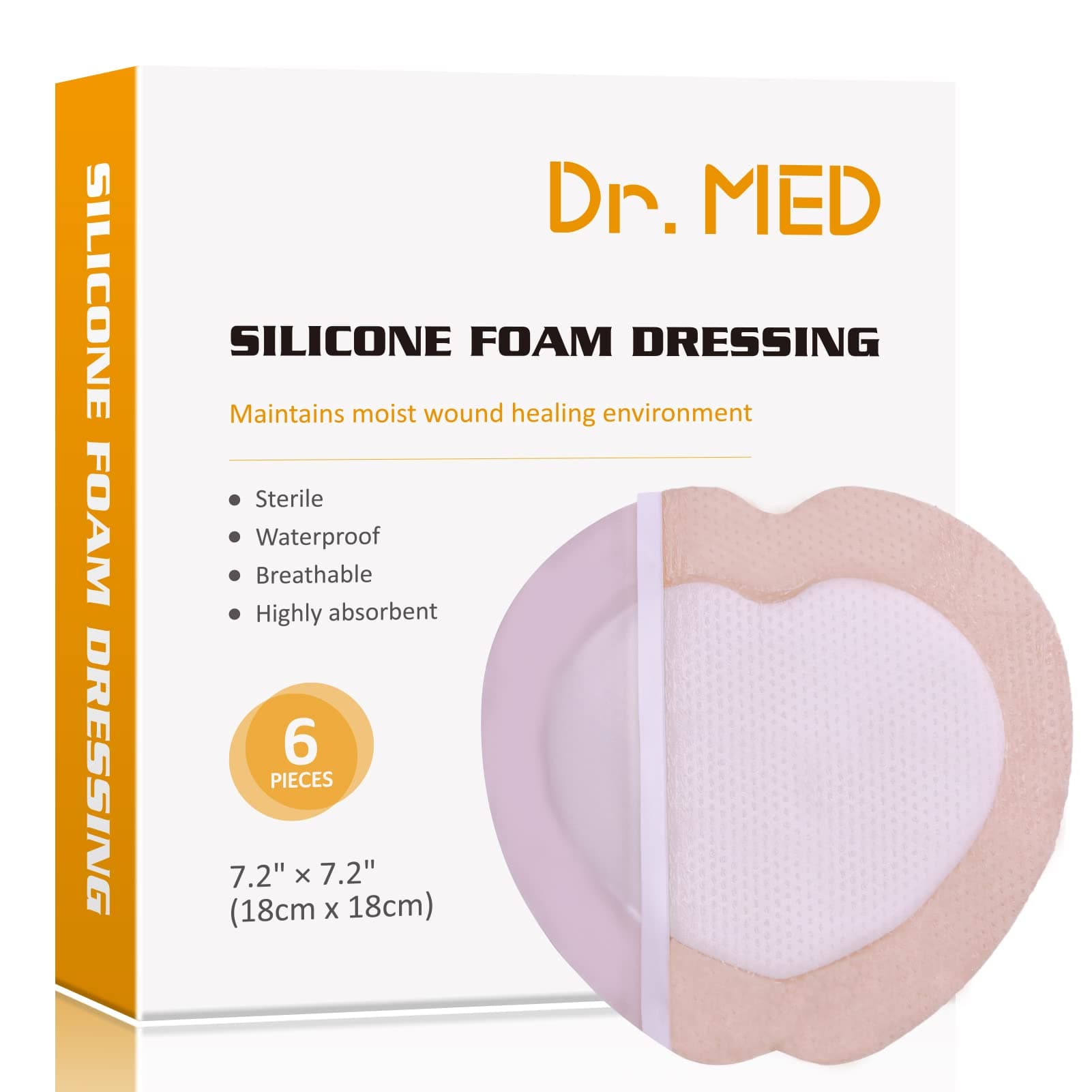 Dr. Med Bordered Silicone Foam Dressing, 6 PCS Waterproof Border Adhesive Sacral Pad for Wound Care(7.2"x7.2")