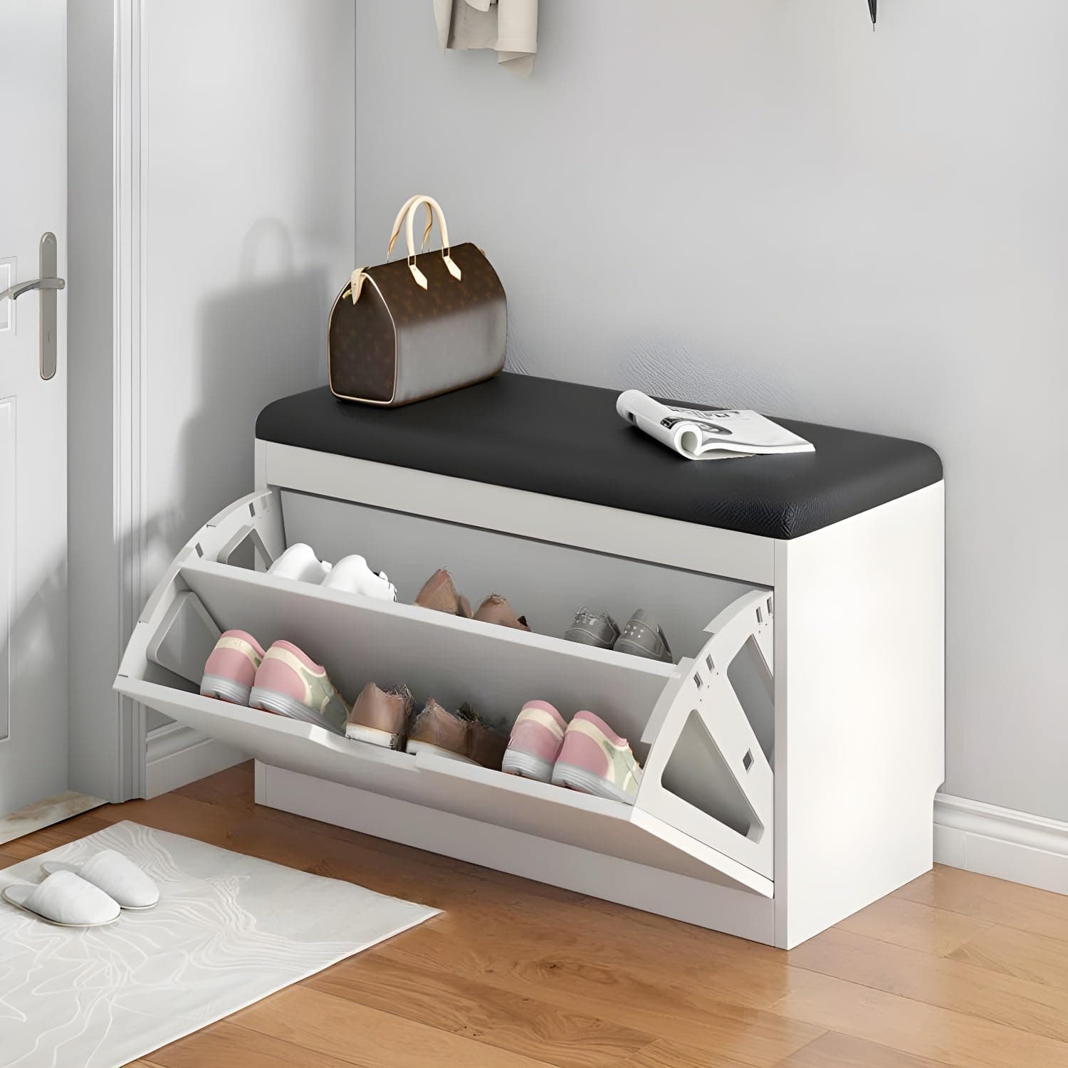 LITFAD Modern Shoe Storage Bench with Doors - Entryway Bench with Cushion Seat - Hallway Bench with Hidden Shoe Storage - Free Standing Organizer - 20" L x 9" W x 18" H Black