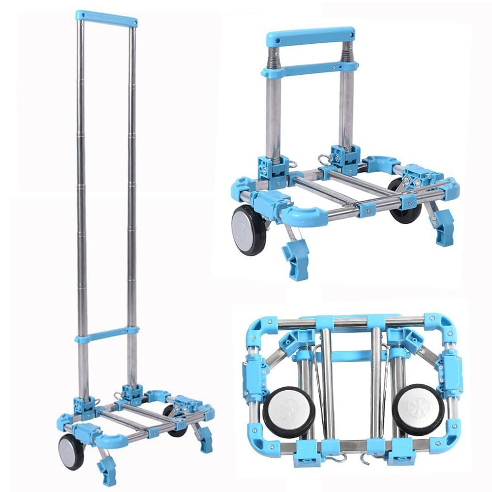 Eunicom Heavy Duty And Durable Portable Folding Telescopic Handle Shopping Cart Push And Haul Trolley Airport Luggage Aluminum Alloy Household Supermarket Cart With 66 lbs/30KG Capacity (Blue)