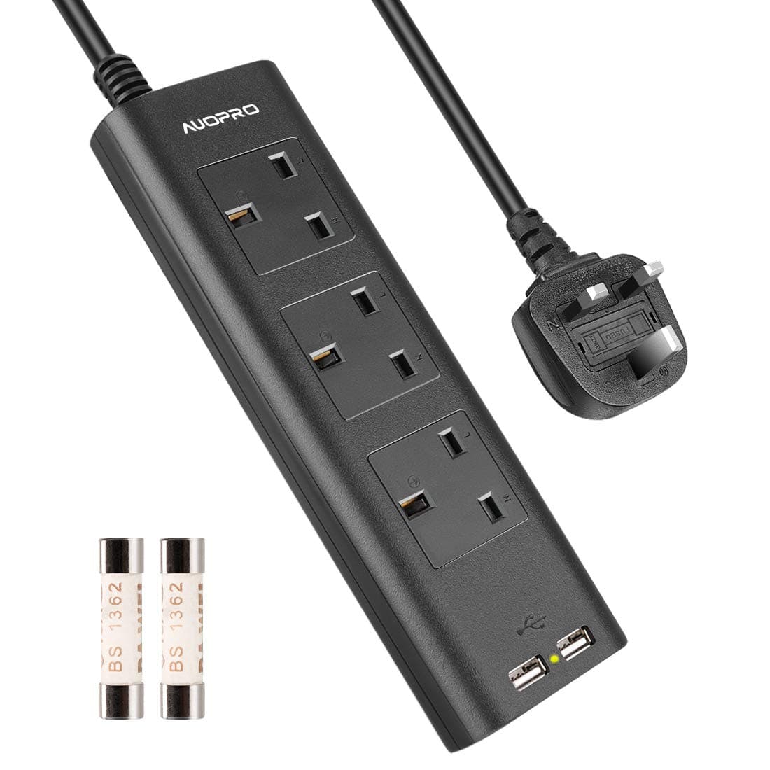 3 Gang Extension Lead with USB, Multi Plug Power Strip with 2M Extension Cable Switched Charging Station for Home Office Travel- 2 USB 2.4 Amp/2 Extra Replaceable Fuse