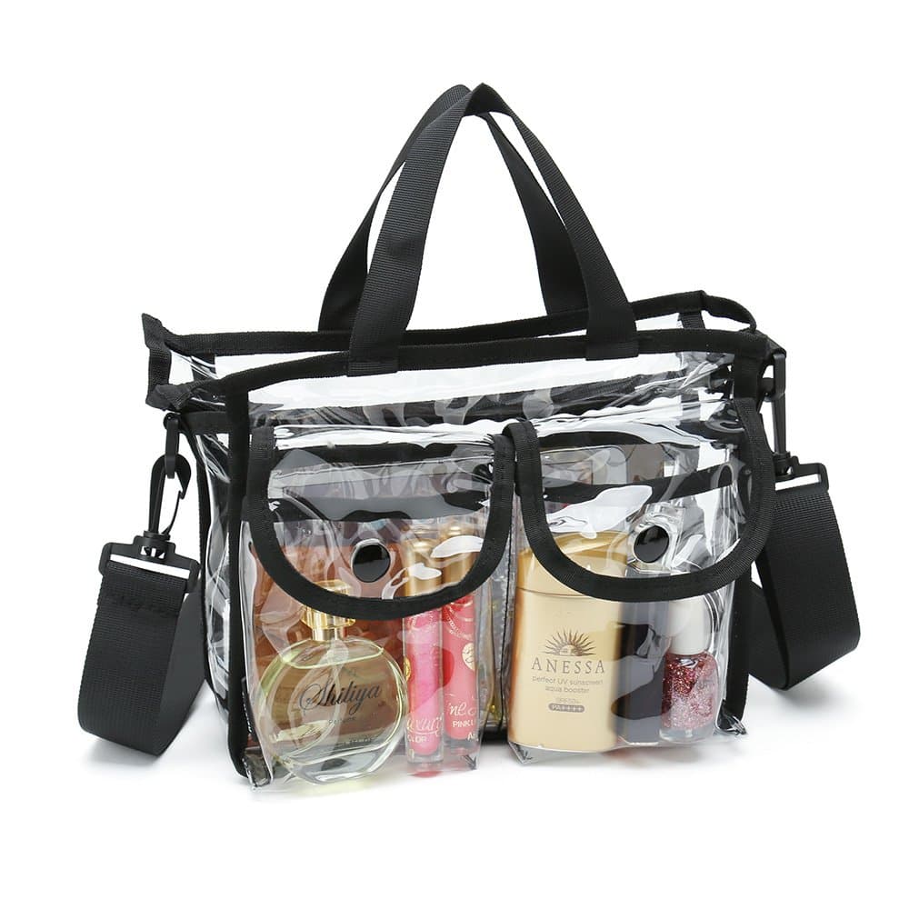 Clear cosmetic bag with removable and adjustable shoulder strap (Black)