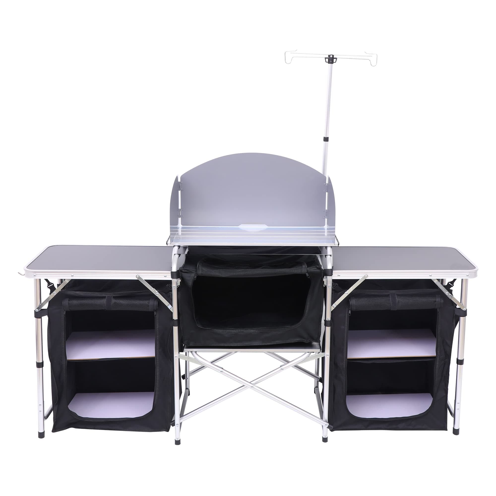 Camping Kitchen Table, Camping Table with Storage, Outdoor Cook Station, Portable, Foldable with Light Stand, for Grill, Camp and Outdoor (Silver)