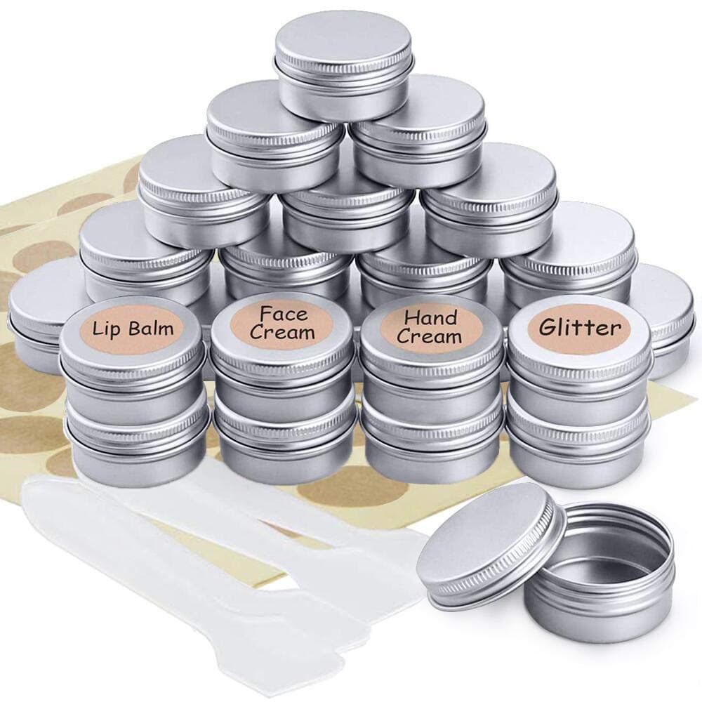 Aluminum Tin Jars Lip Balm Containers, 24pcs Empty Cosmetics Container Pots with Screw Lids, Labels and Mini Spatula, Travel Cosmetics Tins for Cream, Sample, Powder, Candle, Makeup Storage (5 ml)