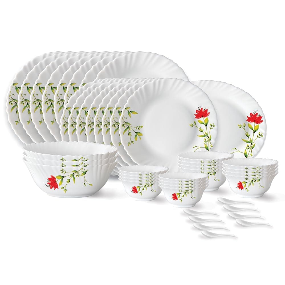 Larah by Borosil Oriental Fluted Series Opalware Dinner Set | 44 Pieces for Family of 8 | Microwave & Dishwasher Safe | Bone-Ash Free | Crockery Set for Dining & Gifting | Plates & Bowls | White