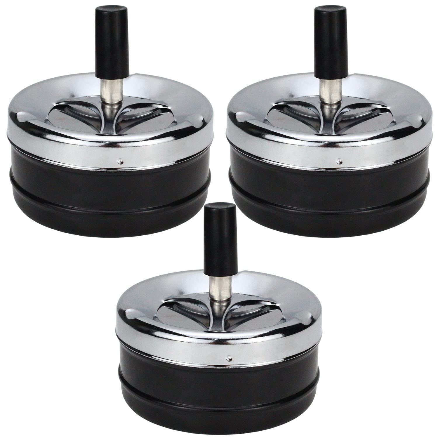3PCS Ashtray Round Push Down Cigarette Ashtray with Tray Spinning Ashless Modern Rotating Metal Cigarette Ash Tray Large for Outdoor Home Bar Office Christmas (Black)