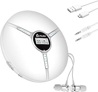 KLIM Discman Portable CD Player with Headphones, Built-in Battery - New Version - Discman Players for Home, Car - Compatible w/SD Card, CD, CD-R, CD-RW, MP3, WMA - 5 EQ Effects - White