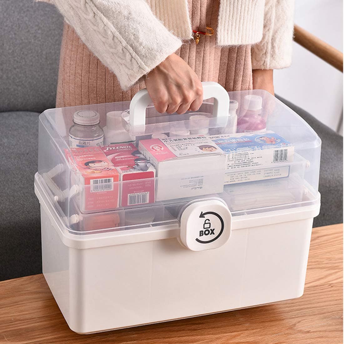 3-Tier Medicine Box, Portable First Aid Box, Folding Storage Organizer, 34 x 19 x 22.5cm