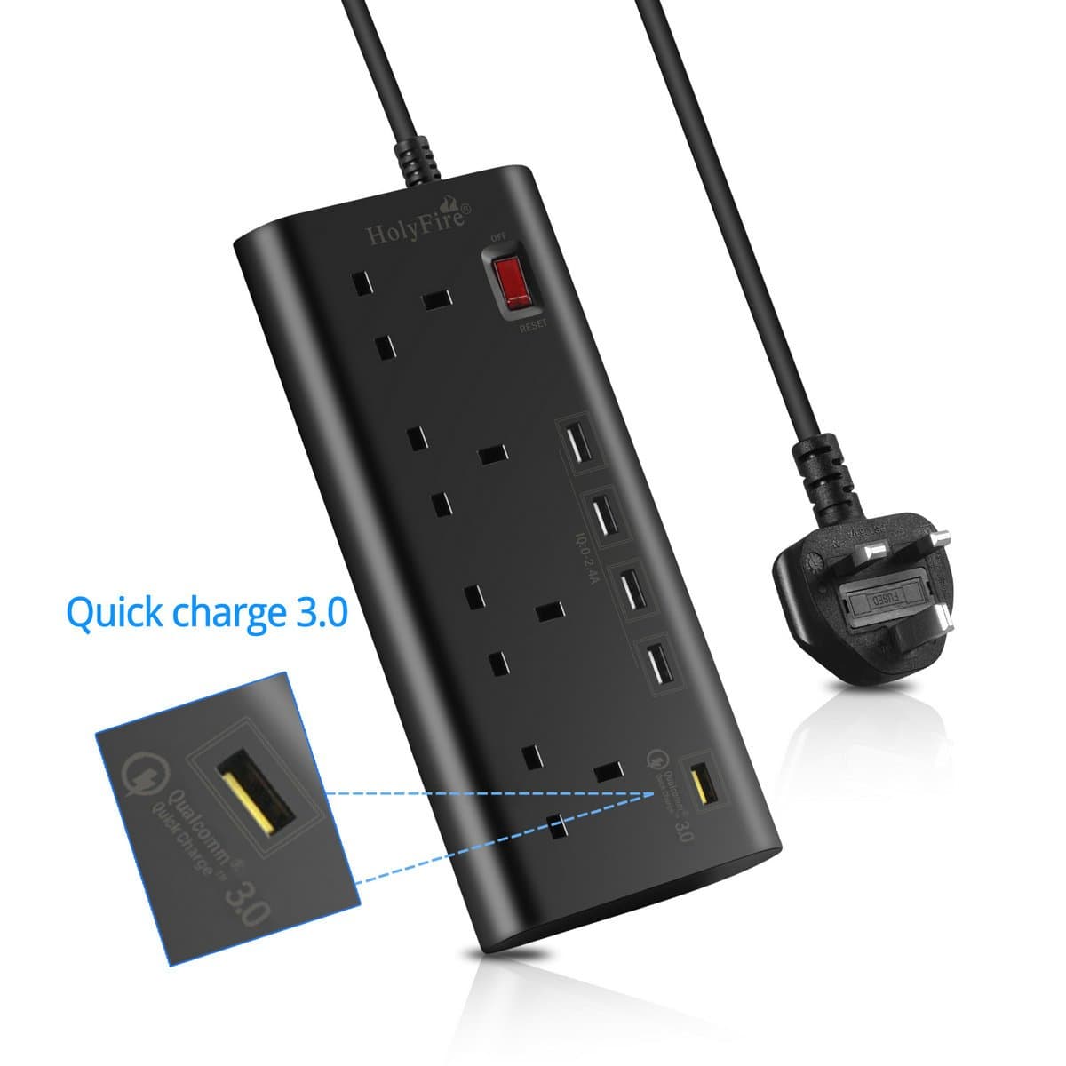 [Qualcomm Quick Charge 3.0]Holyfire 4-Outlet Power Strip & 1 QC 3.0 port & 4 USB Ports Extension Lead Power Strip, Surge Protection Power Socket, USB Charging Port Support PCs, iPad, iPod, Smart Phones etc(1.8m cord)-Black