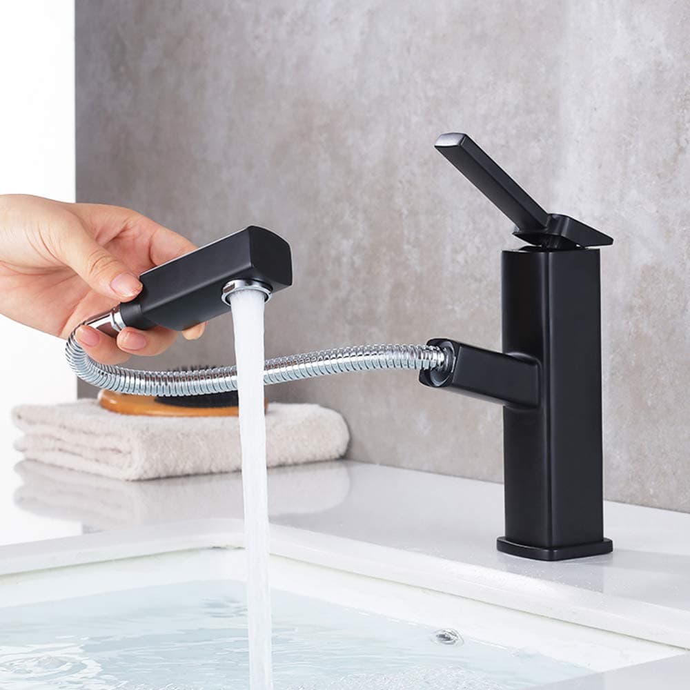 Kaiying Bathroom Sink Faucet with Pull Out Sprayer, Single Handle Kitchen Mixer Tap for Hot and Cold Water, Sink Faucet with Rotating Spout, Regular Brass Black