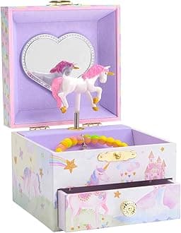 Jewelkeeper Unicorn Jewellery Box for Girls - Spinning in The Beautiful Dreamer Tune - Glitter Rainbow Design With Drawer - Music Box - 10x10x8 cm, Party