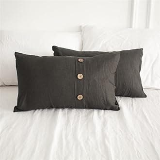 Simple&Opulence 100% Linen Lumbar Pillow Cover 12 x 20 Inch Set of 2 Rectangular Decorative Pillow Cover with Vintage Triple Coconut Button for Couch Sofa Bed Living Room Office Décor - Dark Grey