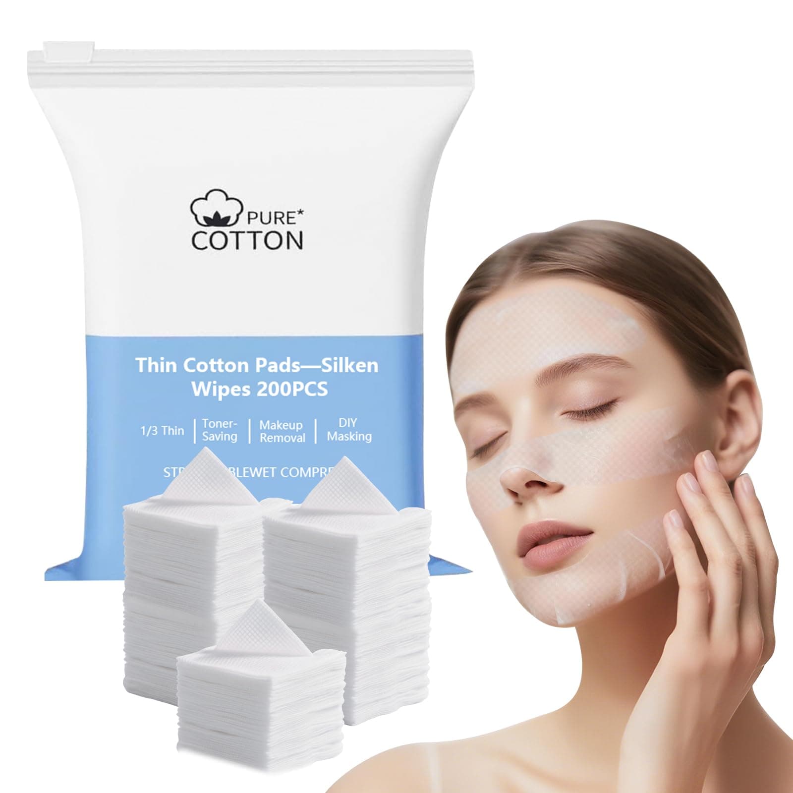 Thin Cotton Pads, Stretchable Cotton Wipes for Face Thin Silken Wipes Makeup Remover Cotton Pad for Wet Application Toner 3.9 * 3.9in Makeup Stretchable DIY Mask for Face 200 Count (Pack of 1)